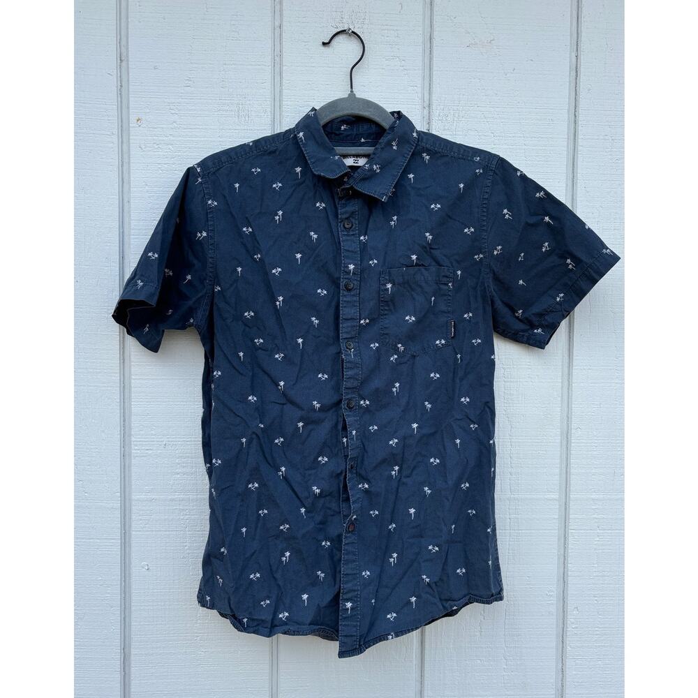 Billabong Button Down‎ Shirt, Navy Blue With Small Palm Trees, Sz S